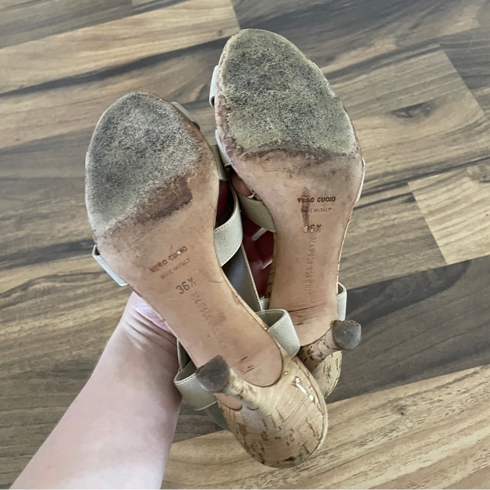 Manolo Blahnik Lasti Cork Heels Cream Neutral 6.5 - Picture 15 of 15